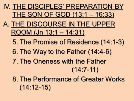 IV. THE DISCIPLES’ PREPARATION BY THE SON OF GOD (13:1 – 16:33) A. THE DISCOURSE IN THE UPPER ROOM (Jn 13:1 – 14:31) 5. The Promise of Residence (14:1-3)