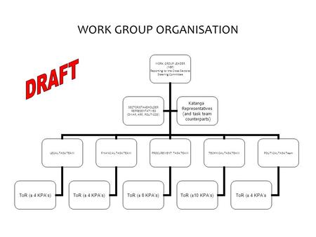 WORK GROUP ORGANISATION WORK GROUP LEADER (NBF) Reporting to the Cross Sectoral Steering Committee LEGAL TASK TEAM ToR (± 4 KPA's) FINANCIAL TASK TEAM.