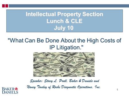 Intellectual Property Section Lunch & CLE July 10 Intellectual Property Section Lunch & CLE July 10 What Can Be Done About the High Costs of IP Litigation.