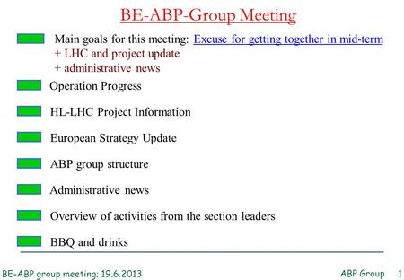 BE-ABP-Group Meeting ABP Group 1 ABP group structure Main goals for this meeting: Excuse for getting together in mid-term + LHC and project update + administrative.