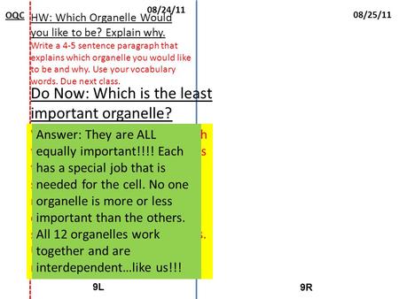 9R9R 9L 08/25/11 08/24/11 OQC HW: Which Organelle Would you like to be? Explain why. Write a 4-5 sentence paragraph that explains which organelle you would.