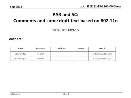 Doc.: IEEE 11-13-1163-00-0hew Submission Sep 2013 Slide 1 PAR and 5C: Comments and some draft text based on 802.11n Date: 2013-09-15 Authors: