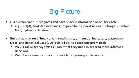  RBs oversee various programs and have specific information needs for each  e.g., 303(d), MS4, 401/wetlands, irrigated lands, point source dischargers,