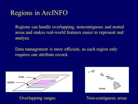 Regions in ArcINFO Regions can handle overlapping, noncontiguous and nested areas and makes real-world features easier to represent and analyze. Data management.