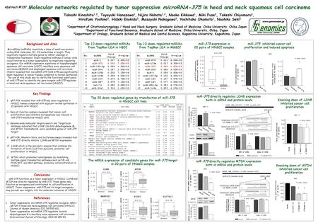 Molecular networks regulated by tumor suppressive microRNA-375 in head and neck squamous cell carcinoma Abstract #137 Takashi Kinoshita 1,2, Toyoyuki Hanazawa.