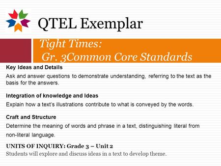 Key Ideas and Details Ask and answer questions to demonstrate understanding, referring to the text as the basis for the answers. Integration of knowledge.