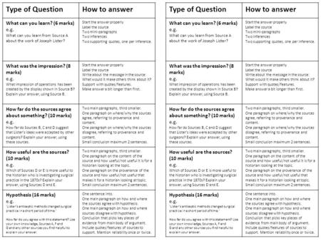 Type of QuestionHow to answer What can you learn? (6 marks) e.g. What can you learn from Source A about the work of Joseph Lister? Start the answer properly.