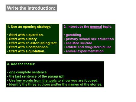 Write the Introduction: 1. Use an opening strategy: Start with a question. Start with a story. Start with an astonishing fact. Start with a comparison.