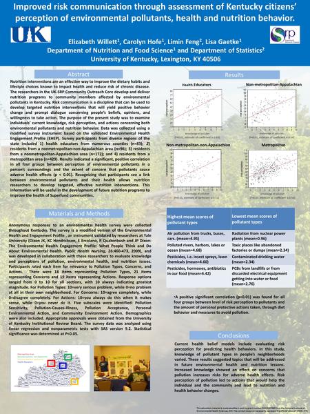 Improved risk communication through assessment of Kentucky citizens’ perception of environmental pollutants, health and nutrition behavior. Elizabeth Willett.