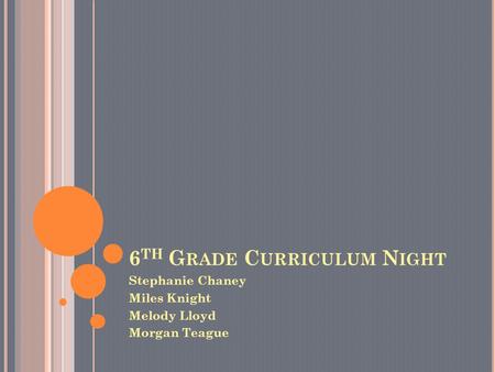 6 TH G RADE C URRICULUM N IGHT Stephanie Chaney Miles Knight Melody Lloyd Morgan Teague.