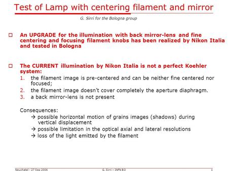 G. Sirri – INFN BO1 Test of Lamp with centering filament and mirror  An UPGRADE for the illumination with back mirror-lens and fine centering and focusing.