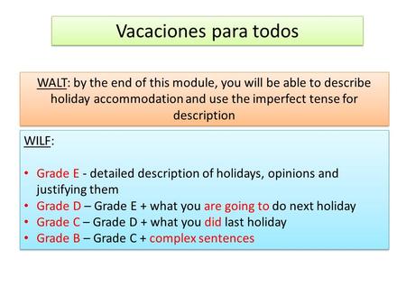 Vacaciones para todos WALT: by the end of this module, you will be able to describe holiday accommodation and use the imperfect tense for description WILF: