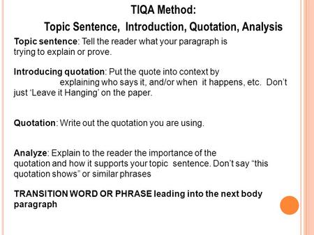 Topic Sentence, Introduction, Quotation, Analysis