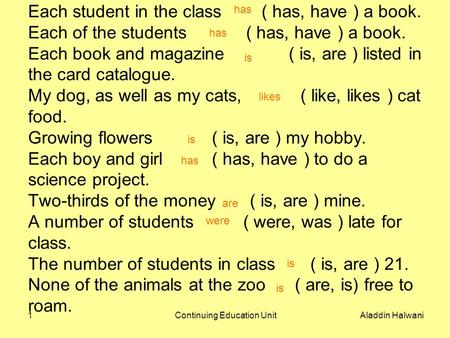 Aladdin HalwaniContinuing Education Unit1 Each student in the class ( has, have ) a book. Each of the students ( has, have ) a book. Each book and magazine.