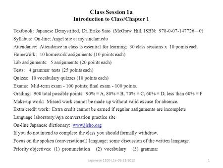 Class Session 1a Introduction to Class/Chapter 1 Textbook: Japanese Demystified, Dr. Eriko Sato (McGraw Hill, ISBN: 978-0-07-147726—0) Syllabus: On-line;