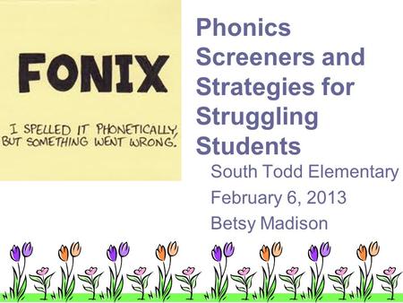 Phonics Screeners and Strategies for Struggling Students South Todd Elementary February 6, 2013 Betsy Madison.