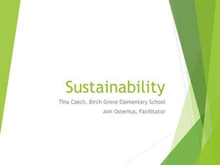 Sustainability Tina Czech, Birch Grove Elementary School Ann Osterhus, Facilitator.