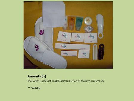 Amenity (n) That which is pleasant or agreeable; (pl) attractive features, customs, etc. ***amiable.