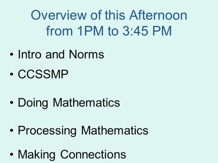 Overview of this Afternoon from 1PM to 3:45 PM