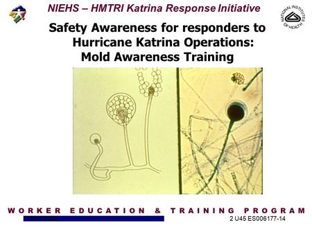 NIEHS – HMTRI Katrina Response Initiative 10/17/20052 U45 ES006177-14 Safety Awareness for responders to Hurricane Katrina Operations: Mold Awareness Training.