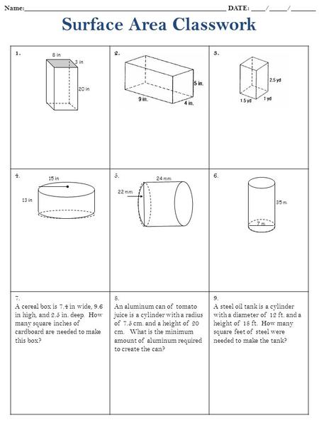 Surface Area Classwork