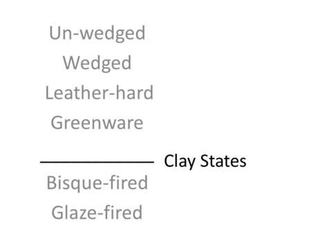 Clay States Un-wedged Wedged Leather-hard Greenware ___________ Bisque-fired Glaze-fired.