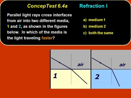 ConcepTest 6.4aRefraction I Parallel light rays cross interfaces from air into two different media, 1 and 2, as shown in the figures below. In which of.