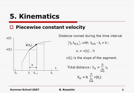 Summer School 2007B. Rossetto1 5. Kinematics  Piecewise constant velocity t0t0 tntn titi t i+1 x(t) x(t i ) h t x i = v(t i ). h Distance runned during.