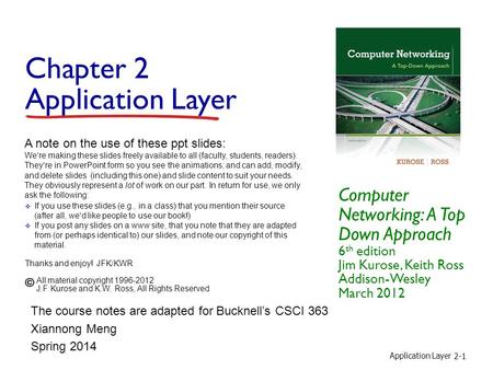 Application Layer 2-1 Chapter 2 Application Layer Computer Networking: A Top Down Approach 6 th edition Jim Kurose, Keith Ross Addison-Wesley March 2012.