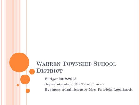 W ARREN T OWNSHIP S CHOOL D ISTRICT Budget 2012-2013 Superintendent Dr. Tami Crader Business Administrator Mrs. Patricia Leonhardt.