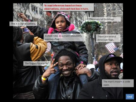 The fingers form a “V.” There are tall buildings. A child rides on a man’s shoulders, waving a flag. The man’s mouth is wide open. This is a digital camera.