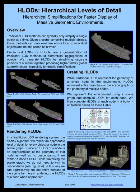 HLODs: Hierarchical Levels of Detail Hierarchical Simplifications for Faster Display of Massive Geometric Environments Carl Erikson, Dinesh Manochahttp://www.cs.unc.edu/~walk/hlod.