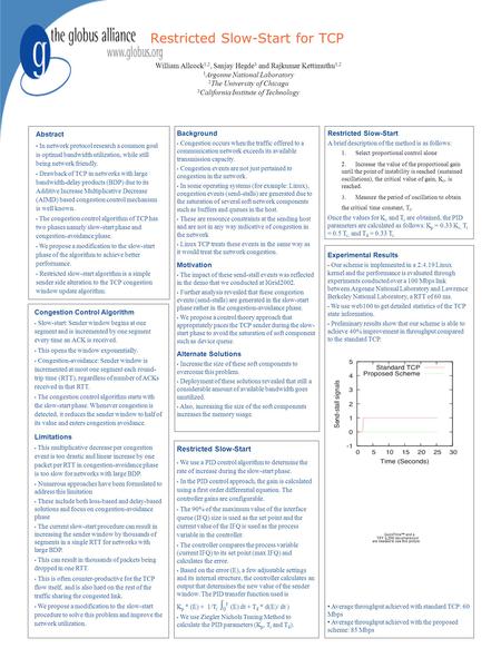 Restricted Slow-Start for TCP William Allcock 1,2, Sanjay Hegde 3 and Rajkumar Kettimuthu 1,2 1 Argonne National Laboratory 2 The University of Chicago.