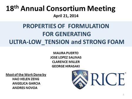 11 18 th Annual Consortium Meeting April 21, 2014 MAURA PUERTO JOSE LOPEZ SALINAS CLARENCE MILLER GEORGE HIRASAKI Most of the Work Done by HAO HELEN ZENG.