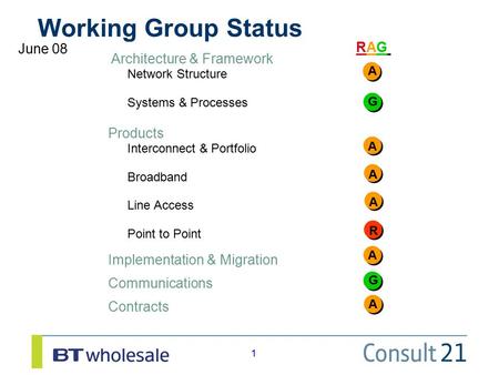 1 1 Working Group Status RAGRAG June 08 Architecture & Framework Network Structure Systems & Processes Products Interconnect & Portfolio Broadband Line.