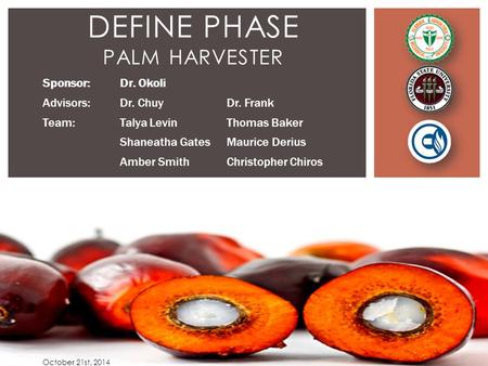 DEFINE PHASE PALM HARVESTER Sponsor:Dr. Okoli Advisors:Dr. ChuyDr. Frank Team:Talya LevinThomas Baker Shaneatha GatesMaurice Derius Amber SmithChristopher.