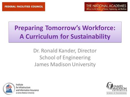 Preparing Tomorrow’s Workforce: A Curriculum for Sustainability Dr. Ronald Kander, Director School of Engineering James Madison University.