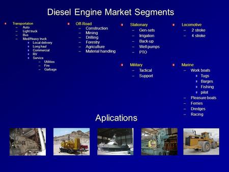 Diesel Engine Market Segments Transportation –Auto –Light truck –Bus –Med/Heavy truck Local delivery Long haul CommercialRVService –Utilities –Fire –Garbage.