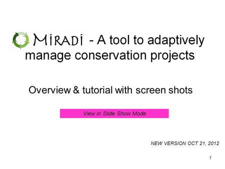 Overview & tutorial with screen shots NEW VERSION OCT 21, 2012 1 View in Slide Show Mode.