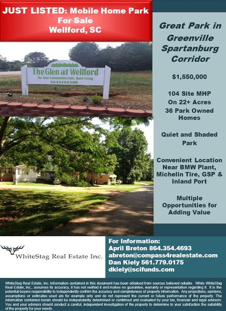 JUST LISTED : Mobile Home Park For Sale Wellford, SC Great Park in Greenville Spartanburg Corridor $1,550,000 104 Site MHP On 22+ Acres 36 Park Owned Homes.