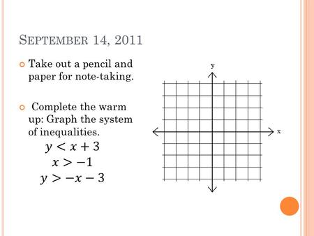 S EPTEMBER 14, 2011. L INEAR P ROGRAMMING Linear programming = a process of maximizing a linear objective function Objective function = gives a quantity.