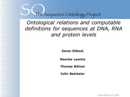 Karen Eilbeck 7/22/08 Ontological relations and computable definitions for sequences at DNA, RNA and protein levels Karen Eilbeck Neocles Leontis Thomas.