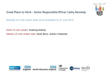 Great Place to Work – Senior Responsible Officer Cathy Kennedy Template for work stream leads (to be completed by 6 th June 2014) Name of work stream: