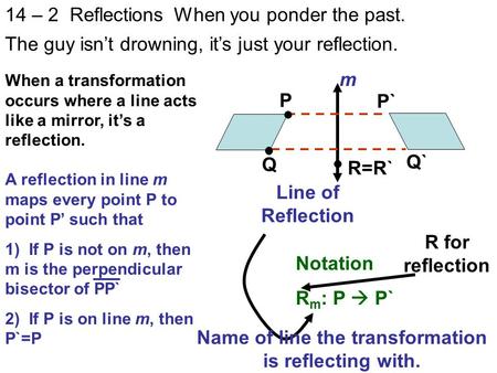 14 – 2 Reflections The guy isn’t drowning, it’s just your reflection. P Q P` Q` Line of Reflection When you ponder the past. When a transformation occurs.