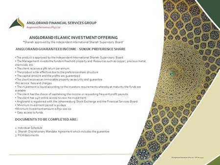 ANGLORAND ISLAMIC INVESTMENT OFFERING