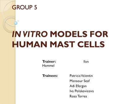 GROUP 5 IN VITRO MODELS FOR HUMAN MAST CELLS Trainer: Ilan Hammel Trainees:Patricia Valentin Mansour Seaf Adi Efergan Iva Polakovicova Rosa Torres.