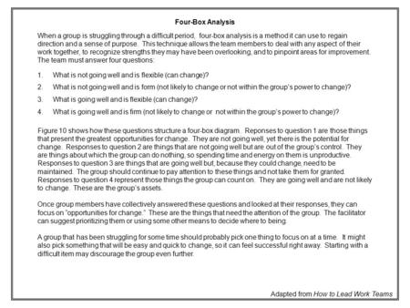 When a group is struggling through a difficult period, four-box analysis is a method it can use to regain direction and a sense of purpose. This technique.