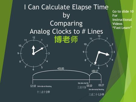 I Can Calculate Elapse Time by Comparing Analog Clocks to # Lines 博老 师 Go to slide 10 For Instructional Videos “Fast Learn”