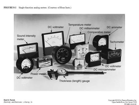 FIGURE 8-1 Single-function analog meters. (Courtesy of Hour Insts.) Dale R. Patrick Electricity and Electronics: A Survey, 5e Copyright ©2002 by Pearson.