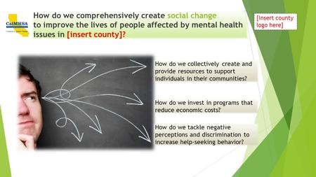 How do we comprehensively create social change to improve the lives of people affected by mental health issues in [insert county]? How do we collectively.